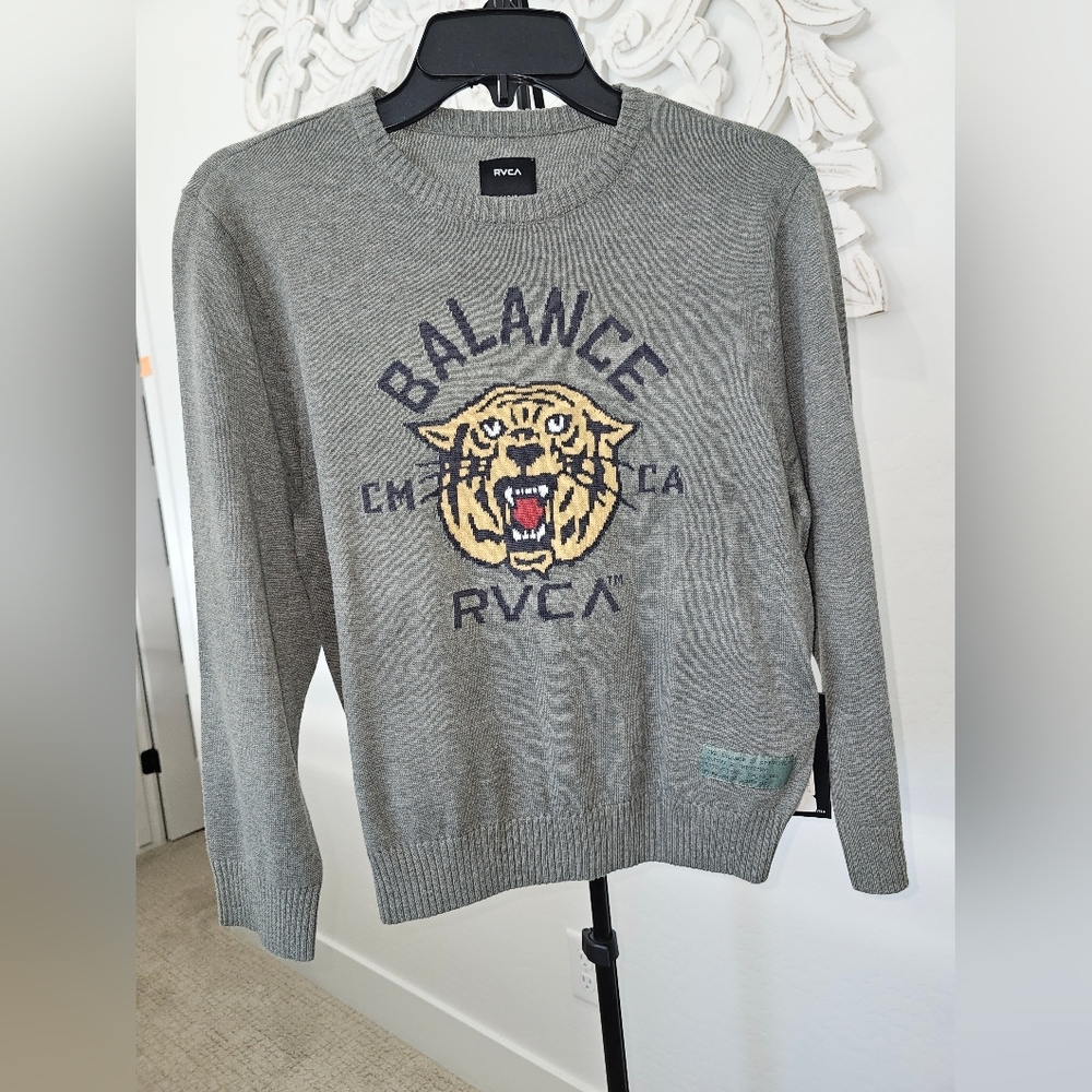 RVCA Y2K Gray Sweater with Tiger Design Boy's Sz Large NWT